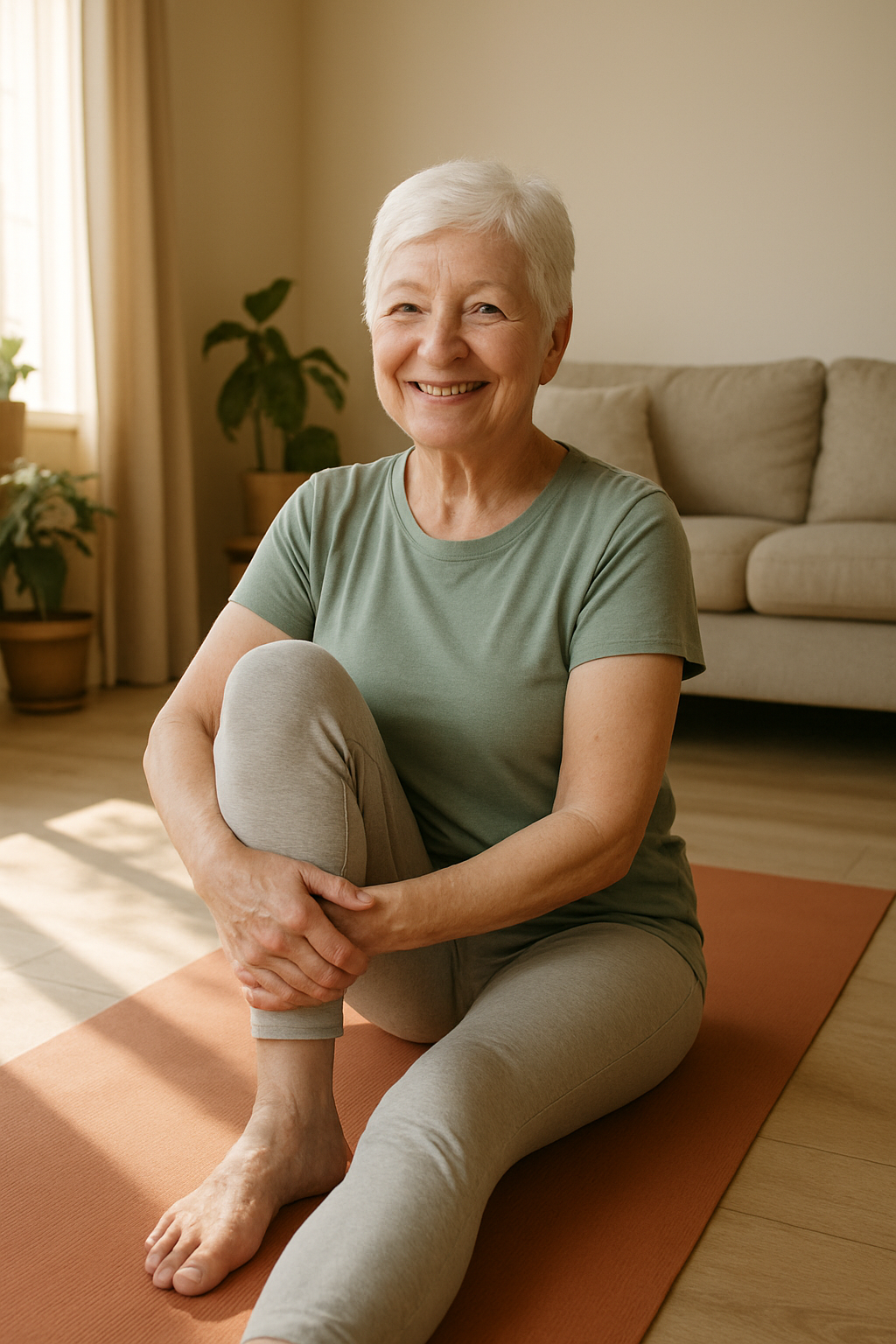Older woman performing hip stretch on yoga mat at home