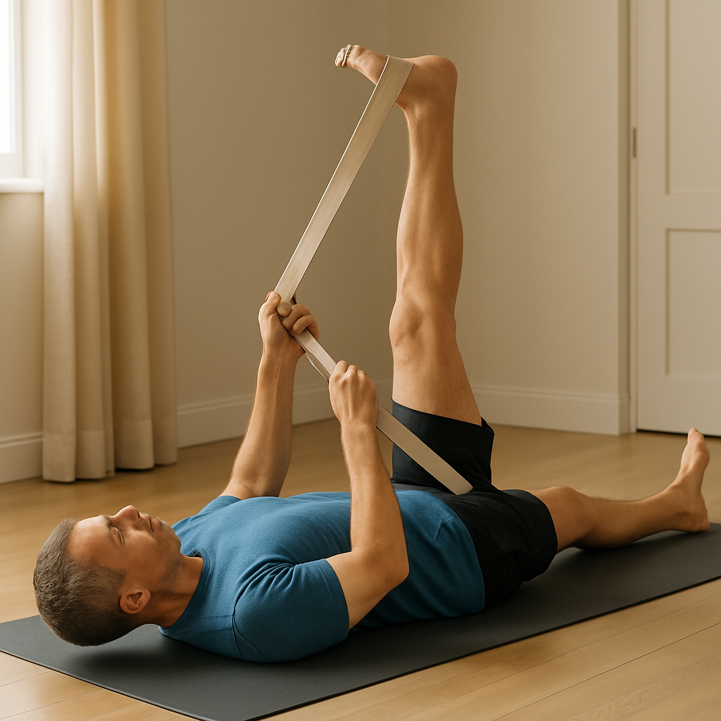 Man doing hamstring stretch with yoga strap for hip pain relief