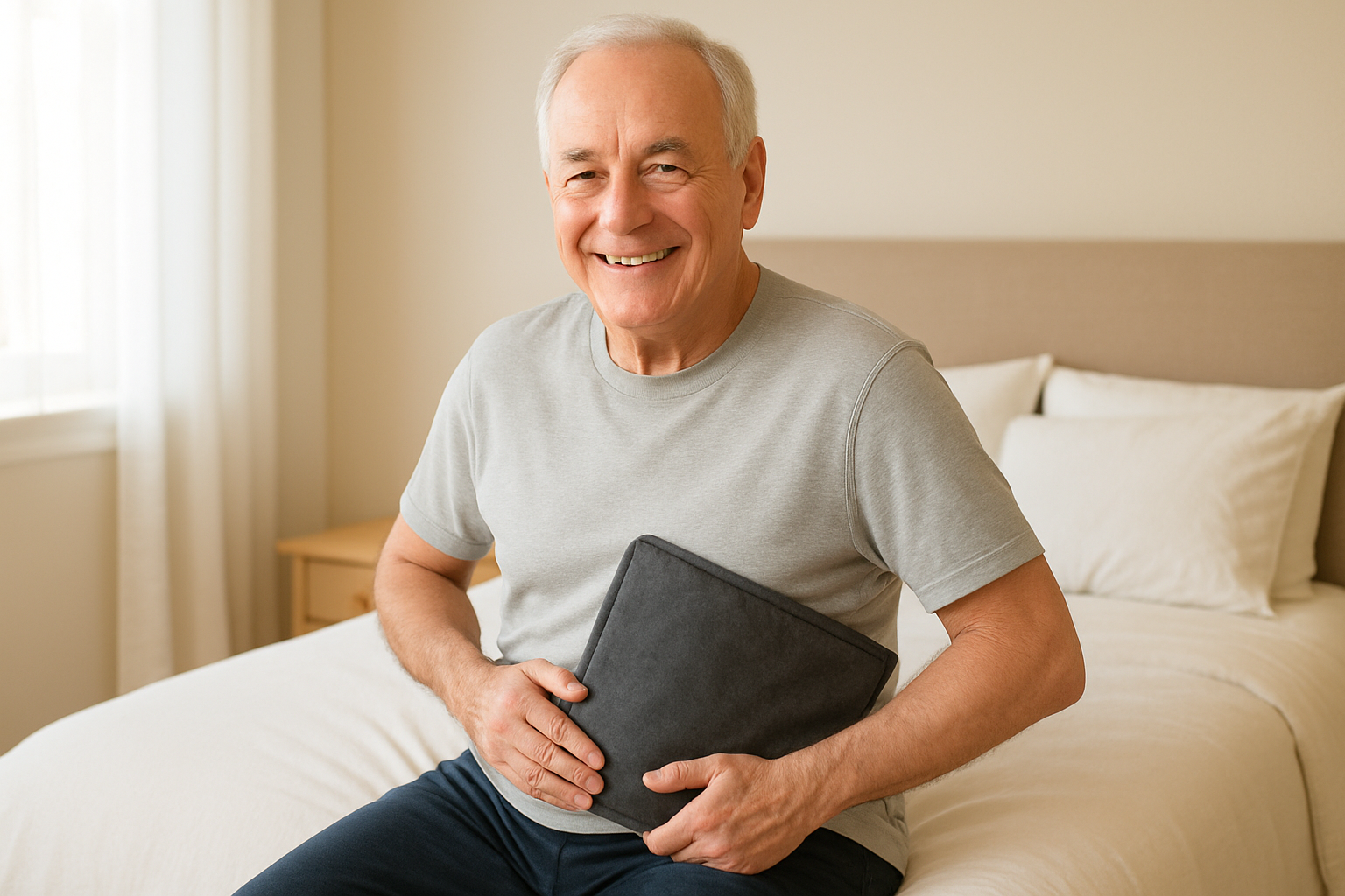 Elderly man with heating pad on hip for pain relief