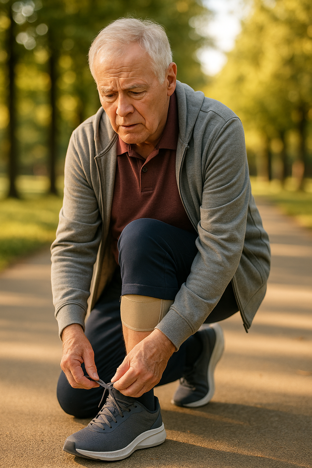 Adult with knee arthritis tying supportive walking shoes in a park, knee brace visible