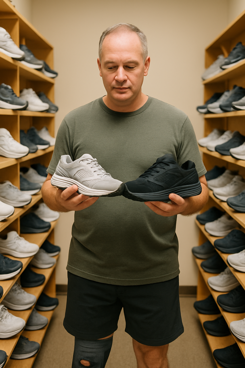 Person with knee brace comparing supportive shoes in a store