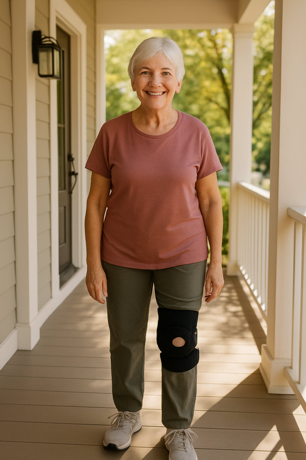 Senior adult with knee arthritis preparing for walk with supportive shoes and knee brace