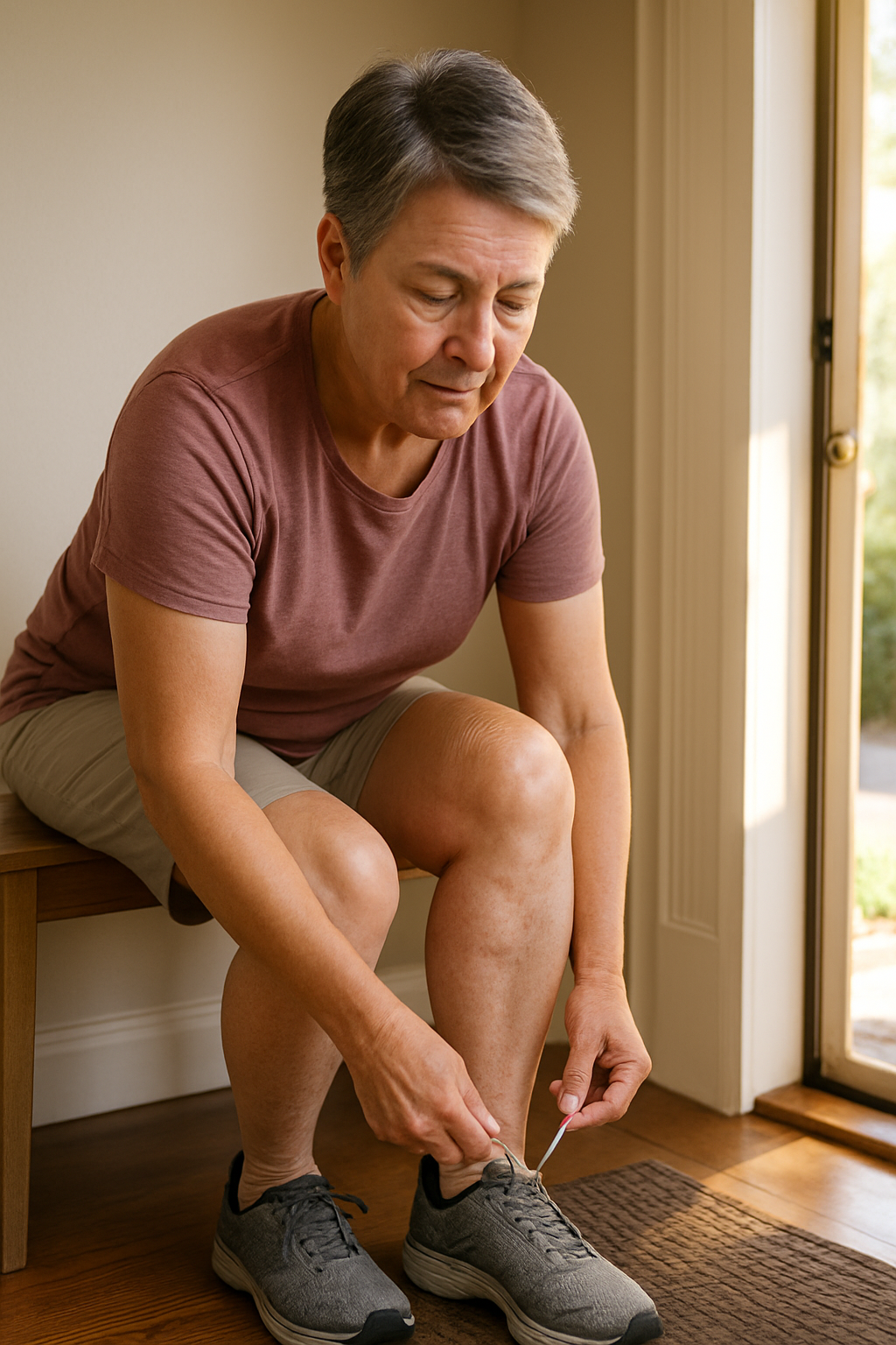 Person with knee arthritis lacing supportive walking shoes by the door