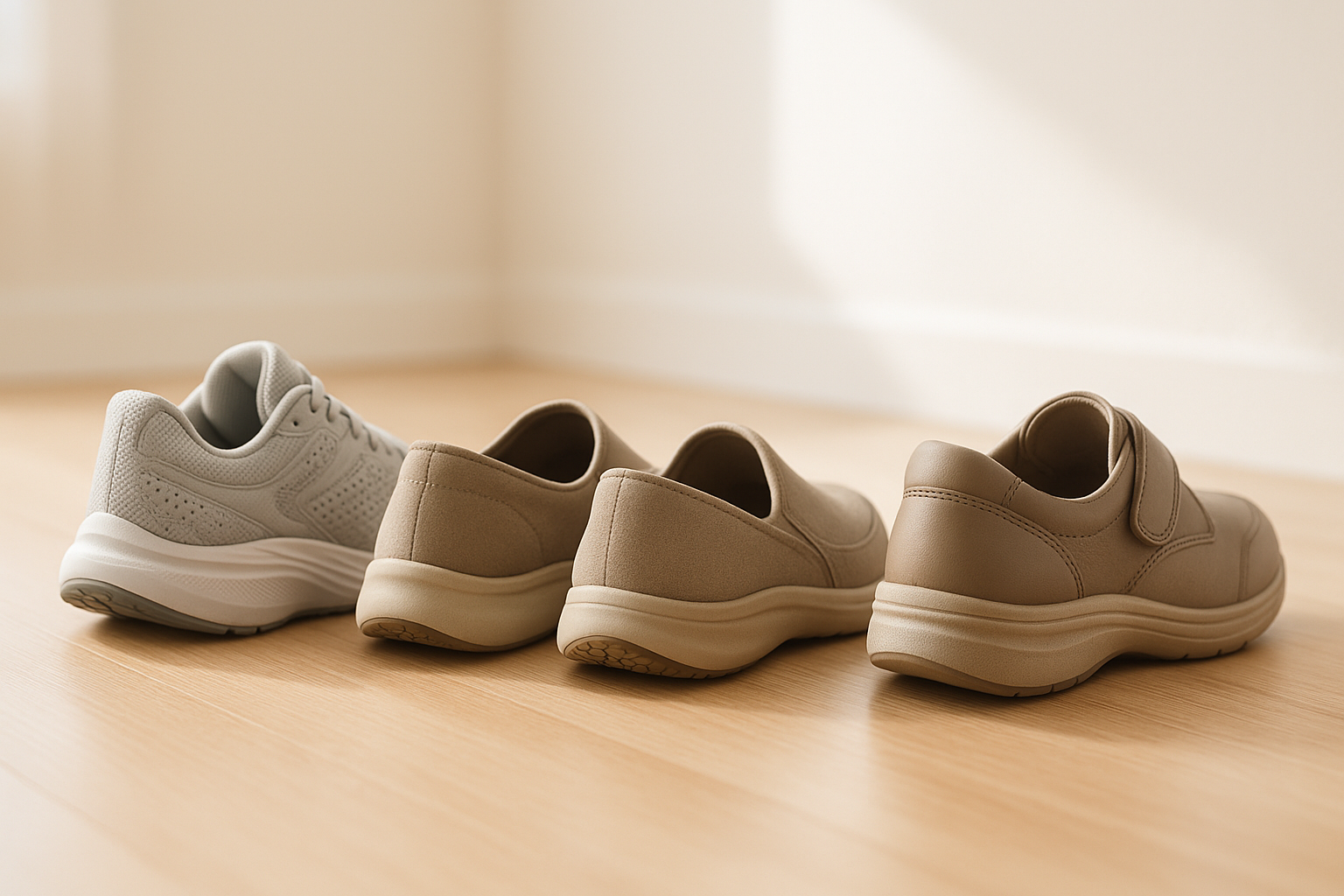 Different types of arthritis-friendly walking shoes on wood floor