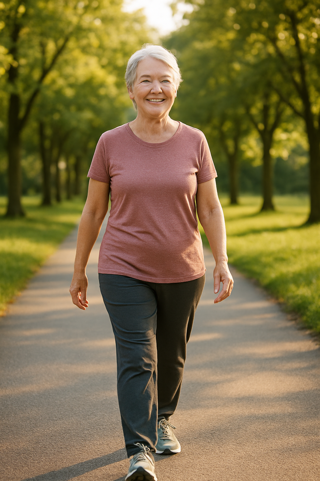 Older adult walking in park in supportive sneakers with knee arthritis