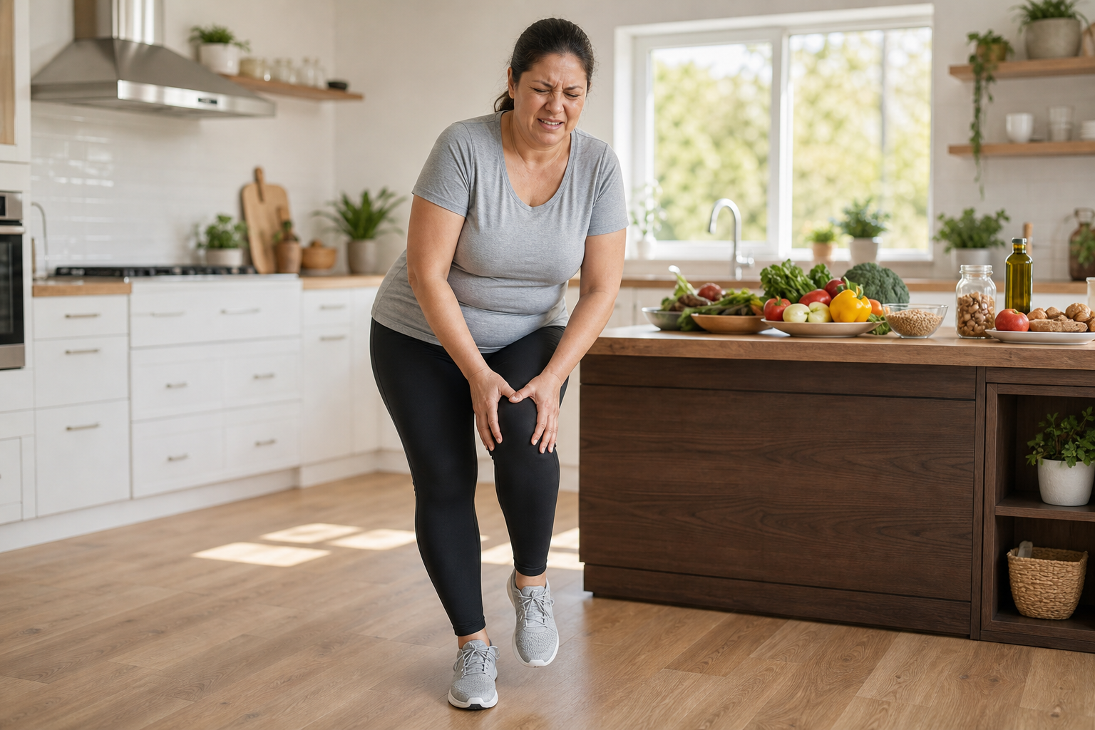 Middle-aged person holding knee in pain in kitchen with healthy food.