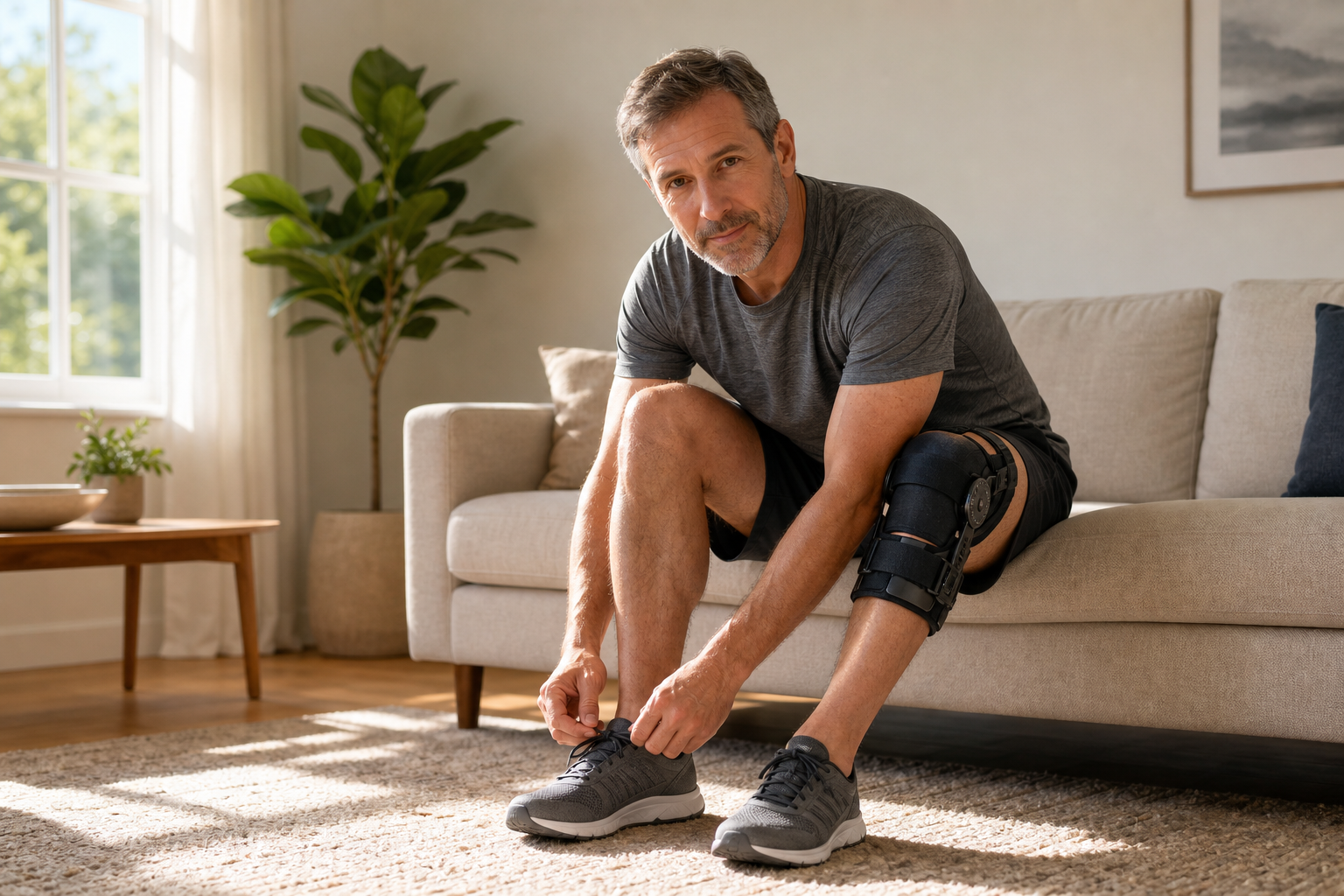 Person lacing sneakers with knee brace visible on living room rug.