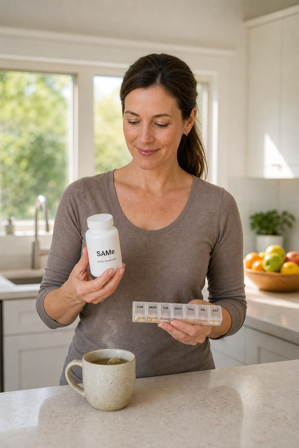 Hands holding SAMe supplement bottle and pill organizer on kitchen counter