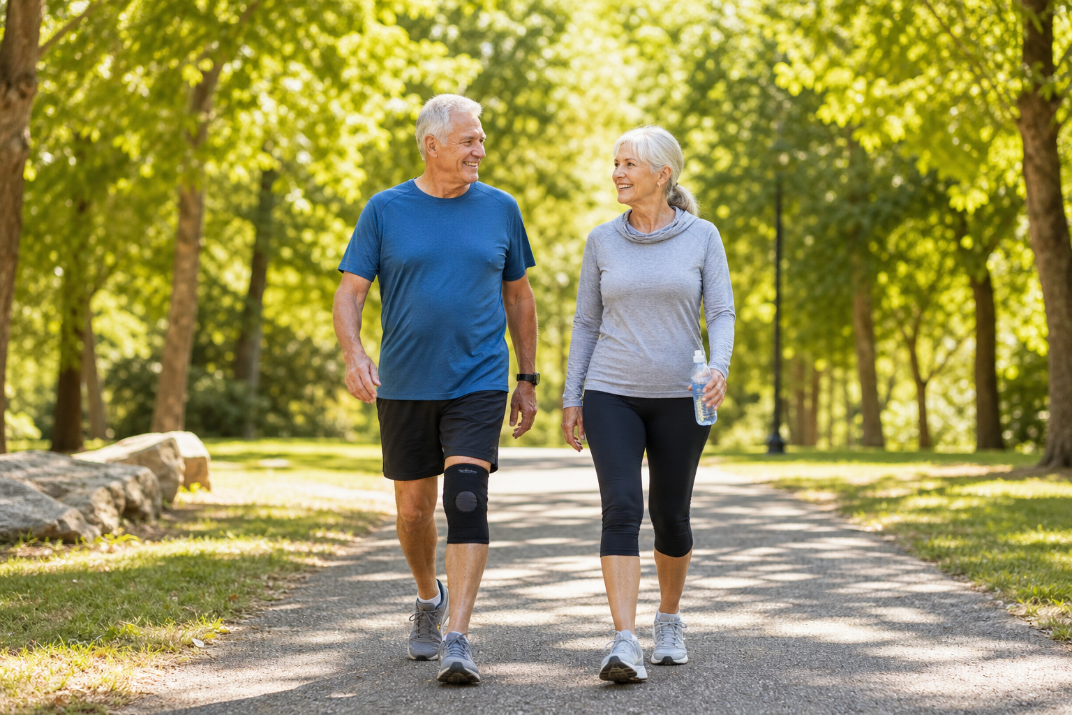 Older couple walking in park, man wearing knee brace, both smiling