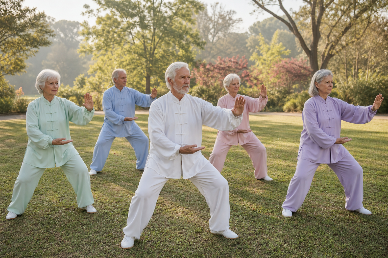 Seniors doing tai chi in a sunlit park for balance and arthritis relief