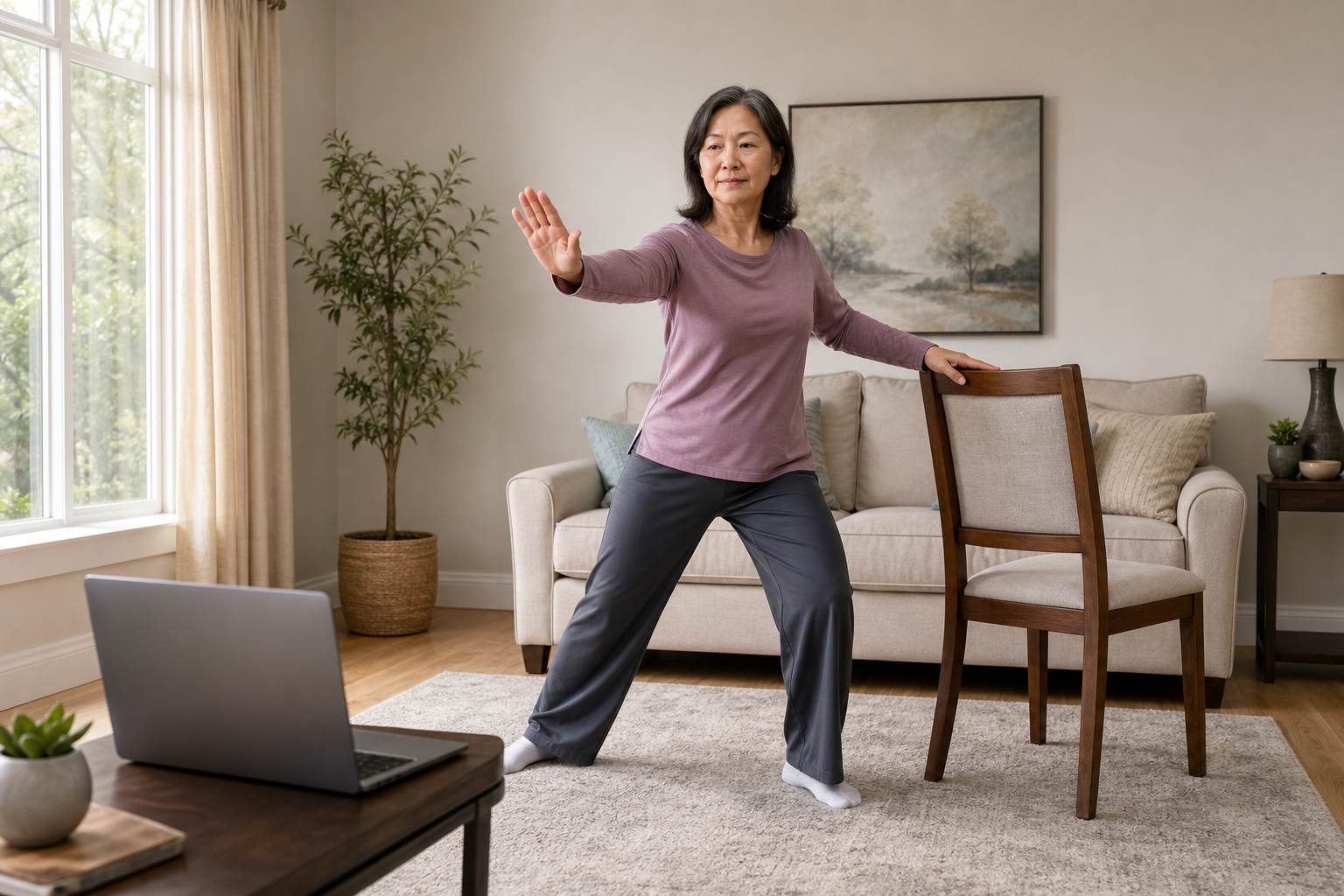 Woman with arthritis practicing chair tai chi at home for joint pain and balance