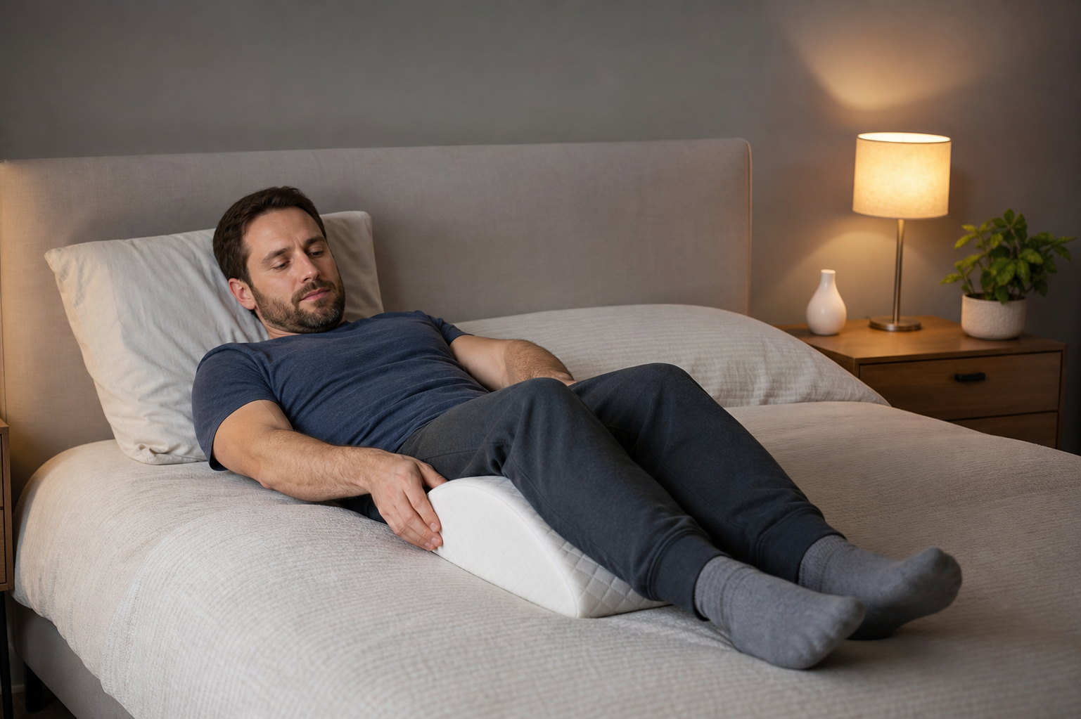 Man placing a pillow under knees while back sleeping for joint relief