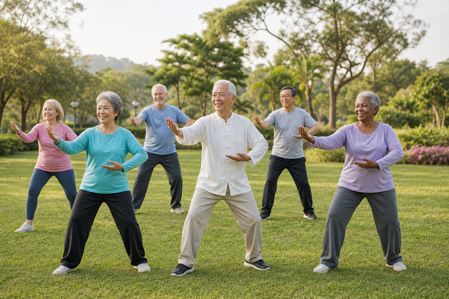 Older adults practicing tai chi together outdoors for arthritis and balance