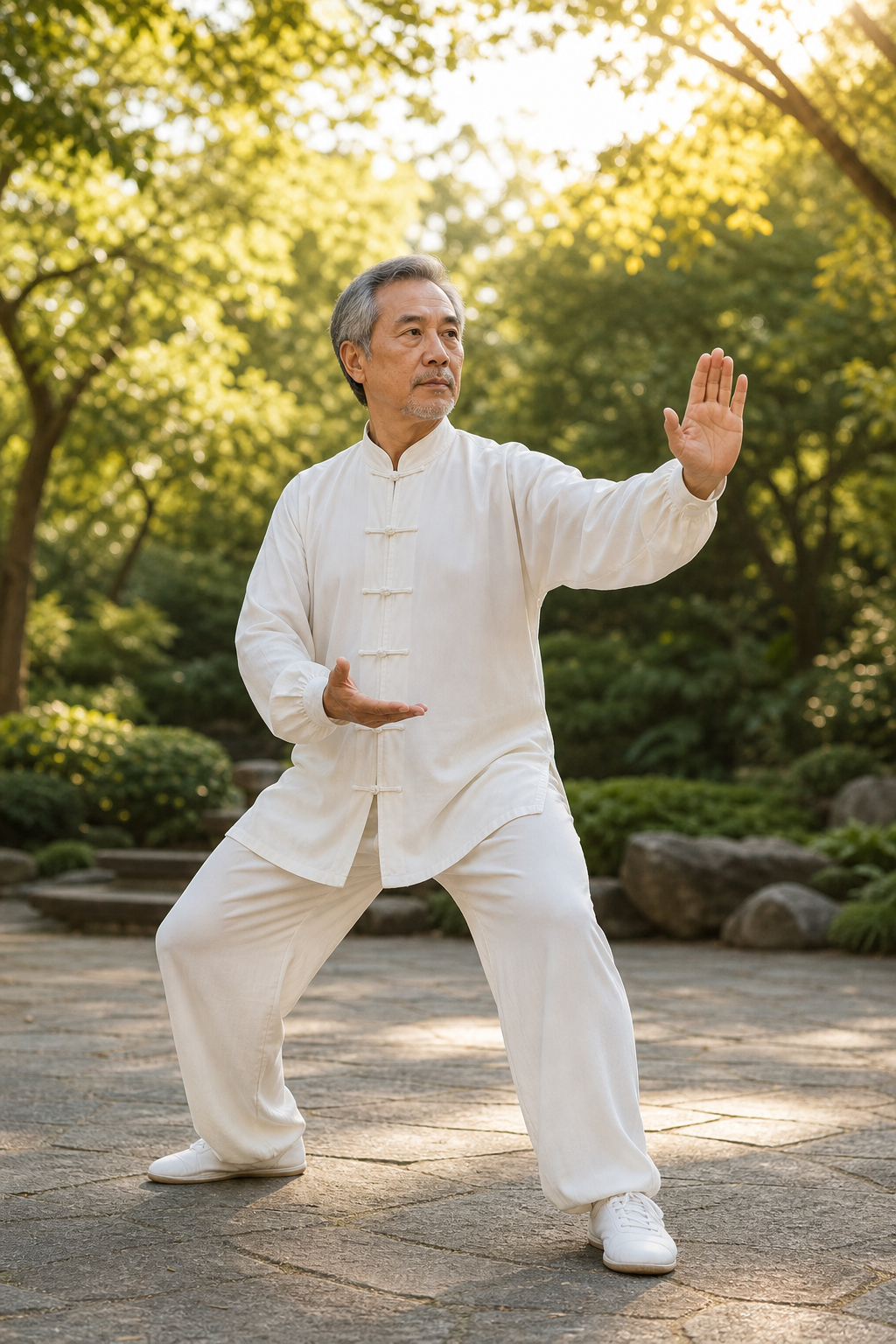 Close-up of older hands and knees performing tai chi with relaxed faces
