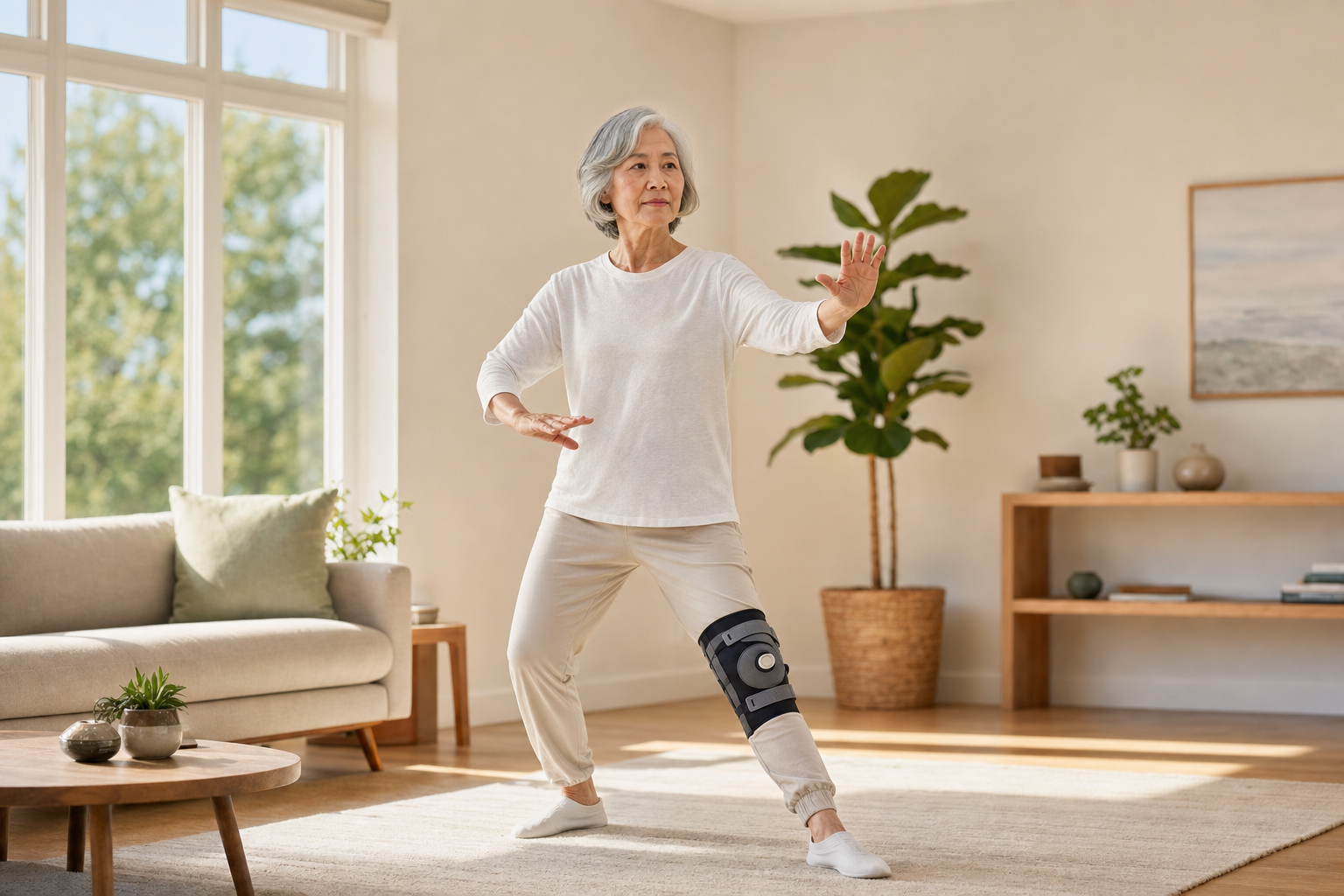 Elderly woman doing tai chi at home with a knee brace for arthritis support