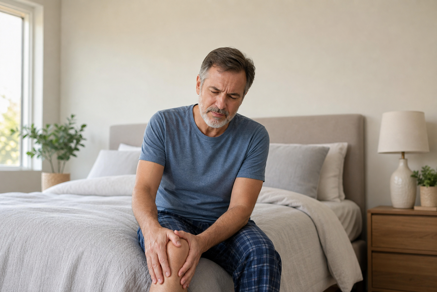 Middle-aged person rubbing their knee in the morning, showing early knee osteoarthritis symptoms.