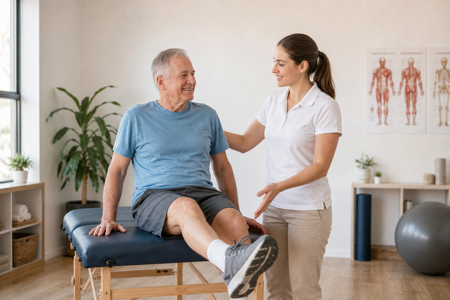 Physical therapist helping an older adult with gentle knee exercises for osteoarthritis.