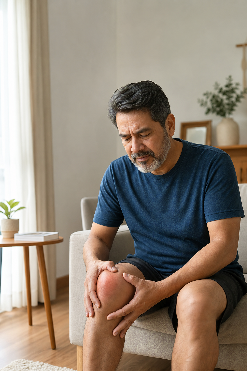 Middle-aged person massaging slightly swollen knee joint at home