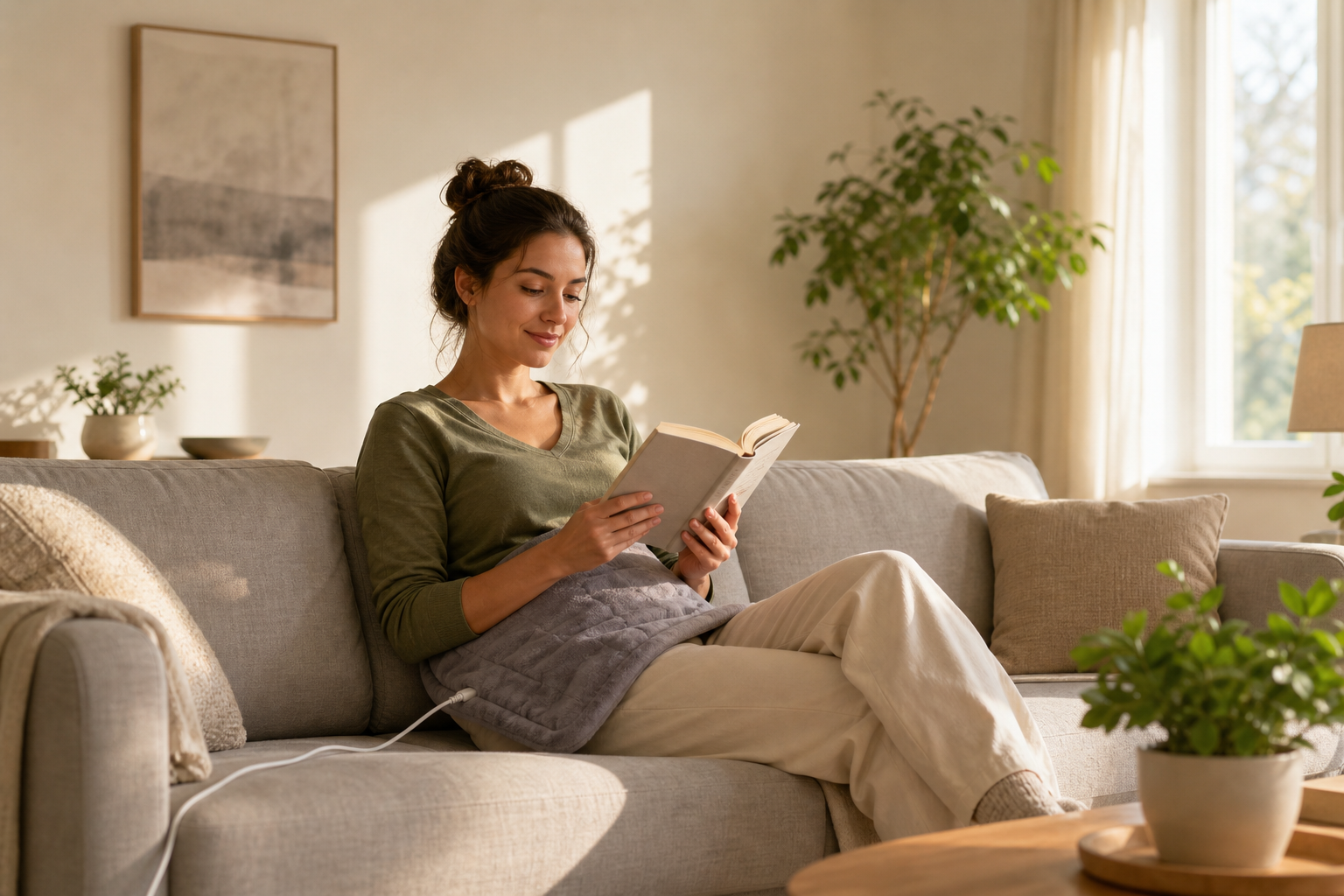 Person using heating pad on hip in cozy living room while reading