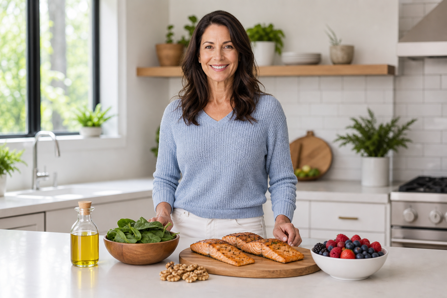 Kitchen counter with Mediterranean diet foods for joint inflammation relief