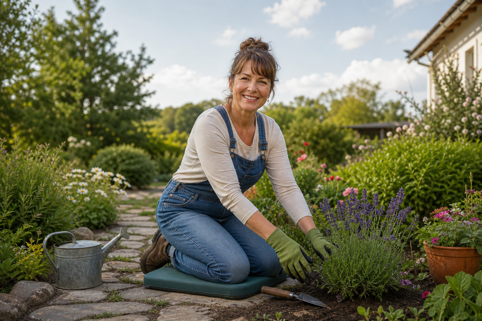 Woman gardener using gloves and knee pad to protect joints among flowers