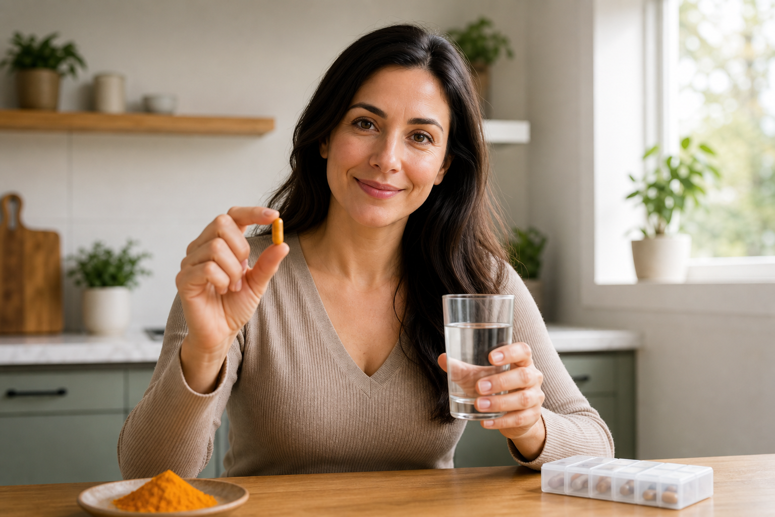 Person holding turmeric curcumin capsule and water for joint inflammation