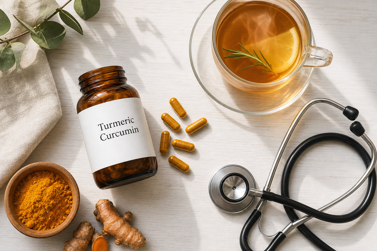 Turmeric curcumin supplement bottle with stethoscope and herbal tea for joint health