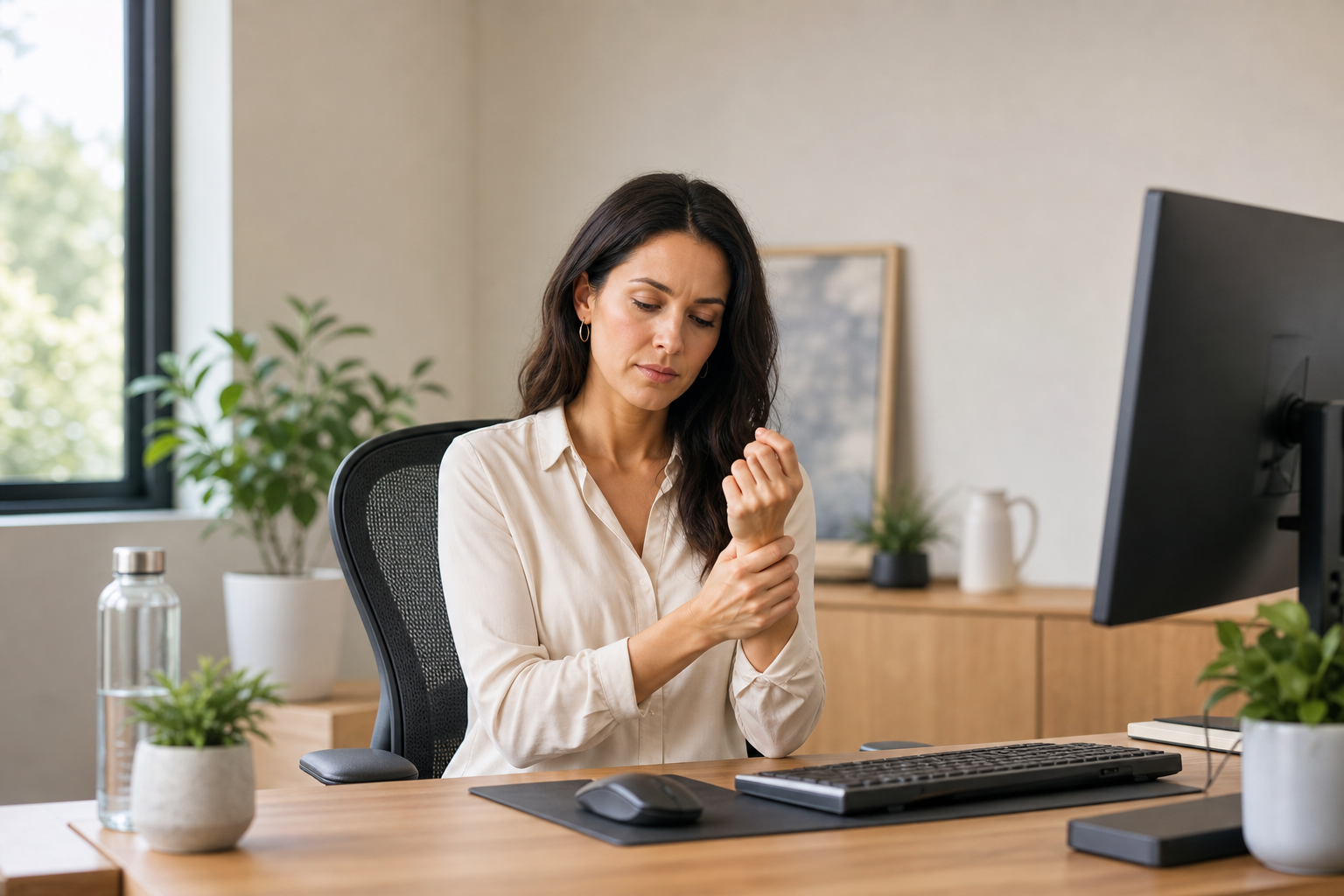 Desk worker massaging wrist at ergonomic workstation.