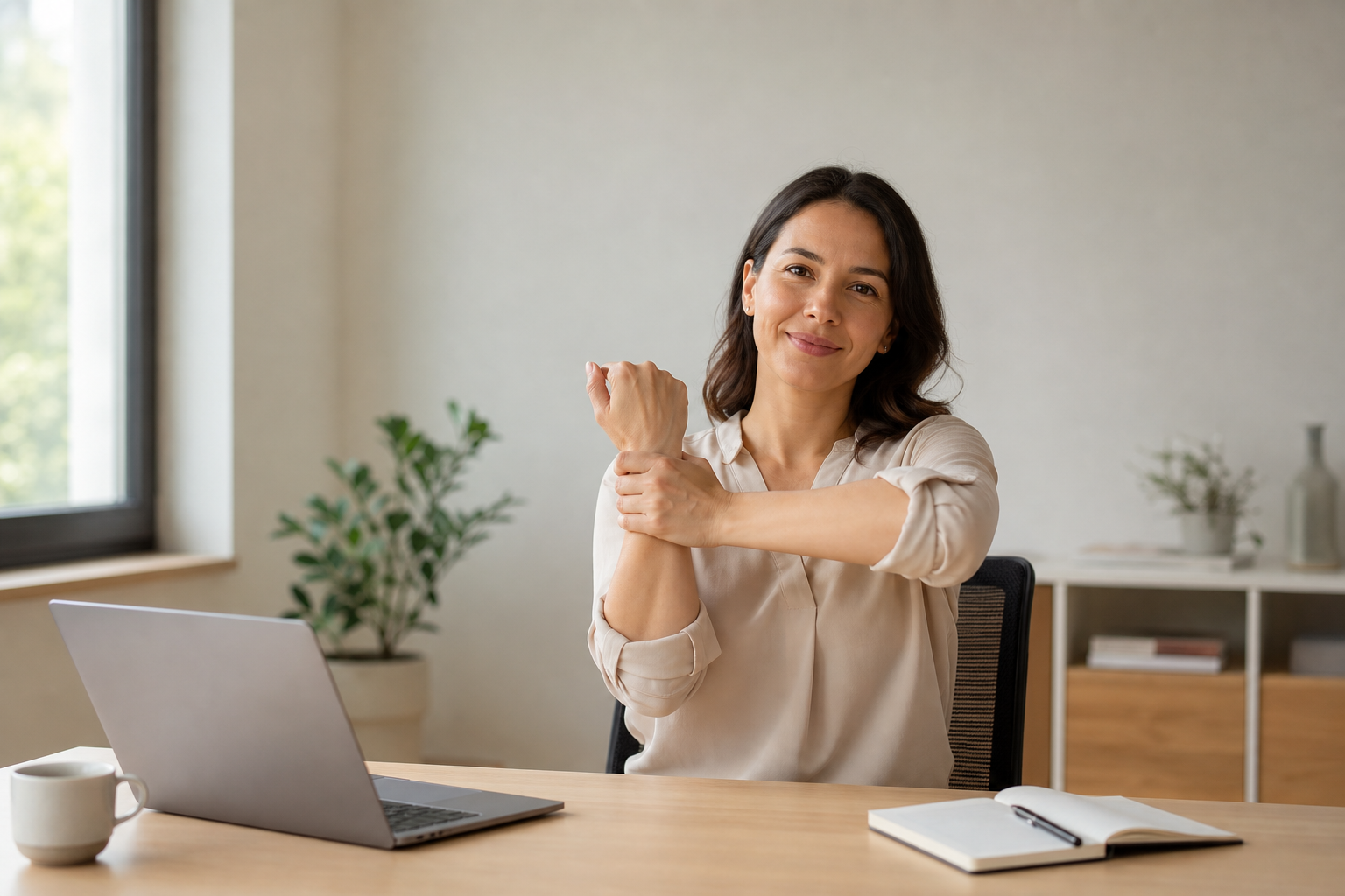 Person stretching wrist at desk with laptop and coffee.