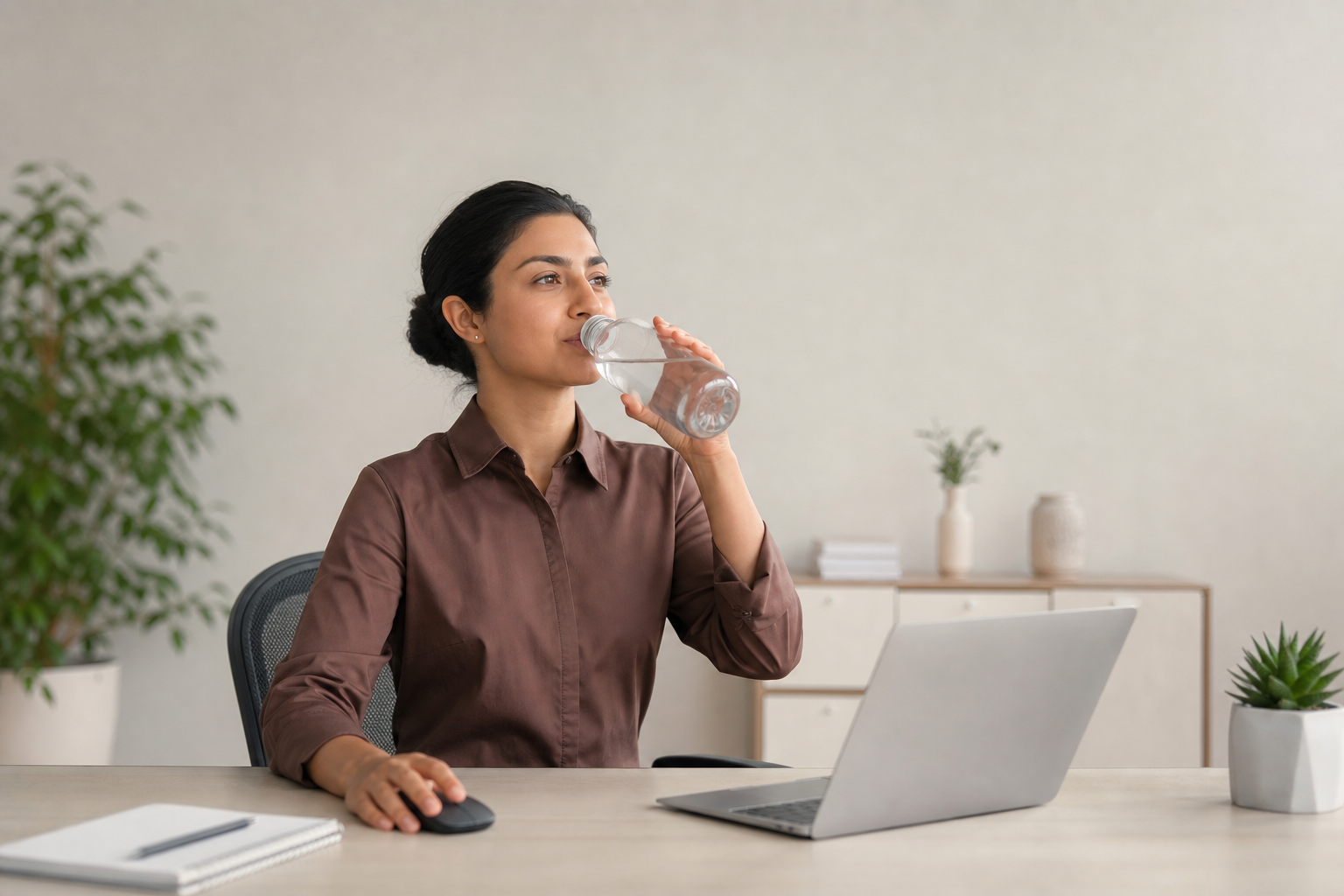 Close-up of hydrated desk worker's relaxed hands and ergonomic mouse.