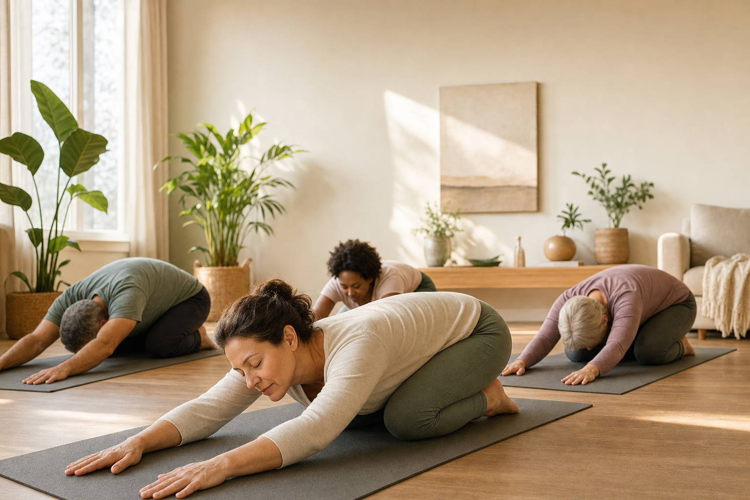 Adults practicing gentle yoga for joint stiffness in a bright living room