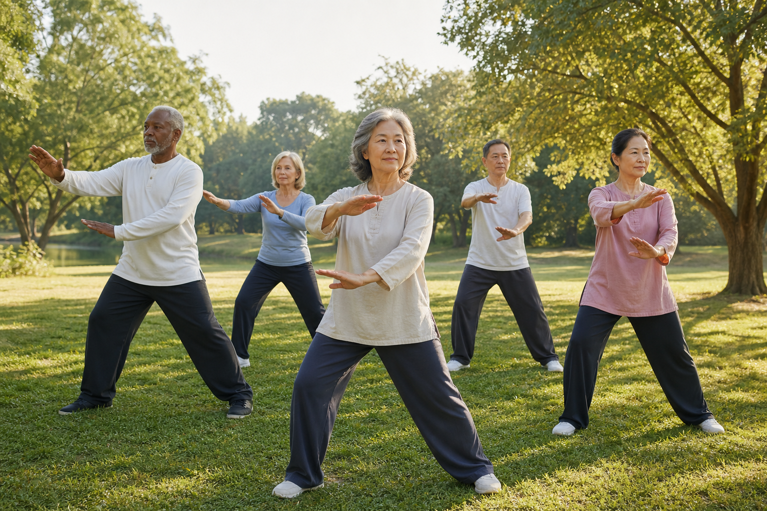 Older adults practicing tai chi in a sunny park for arthritis and balance