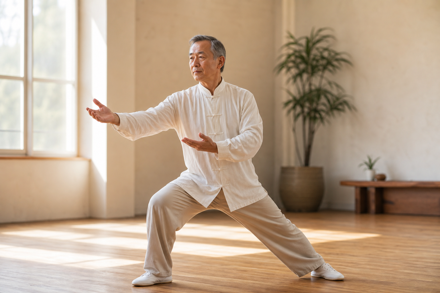 Close-up of tai chi pose showing hands, legs, and gentle movement for joint health