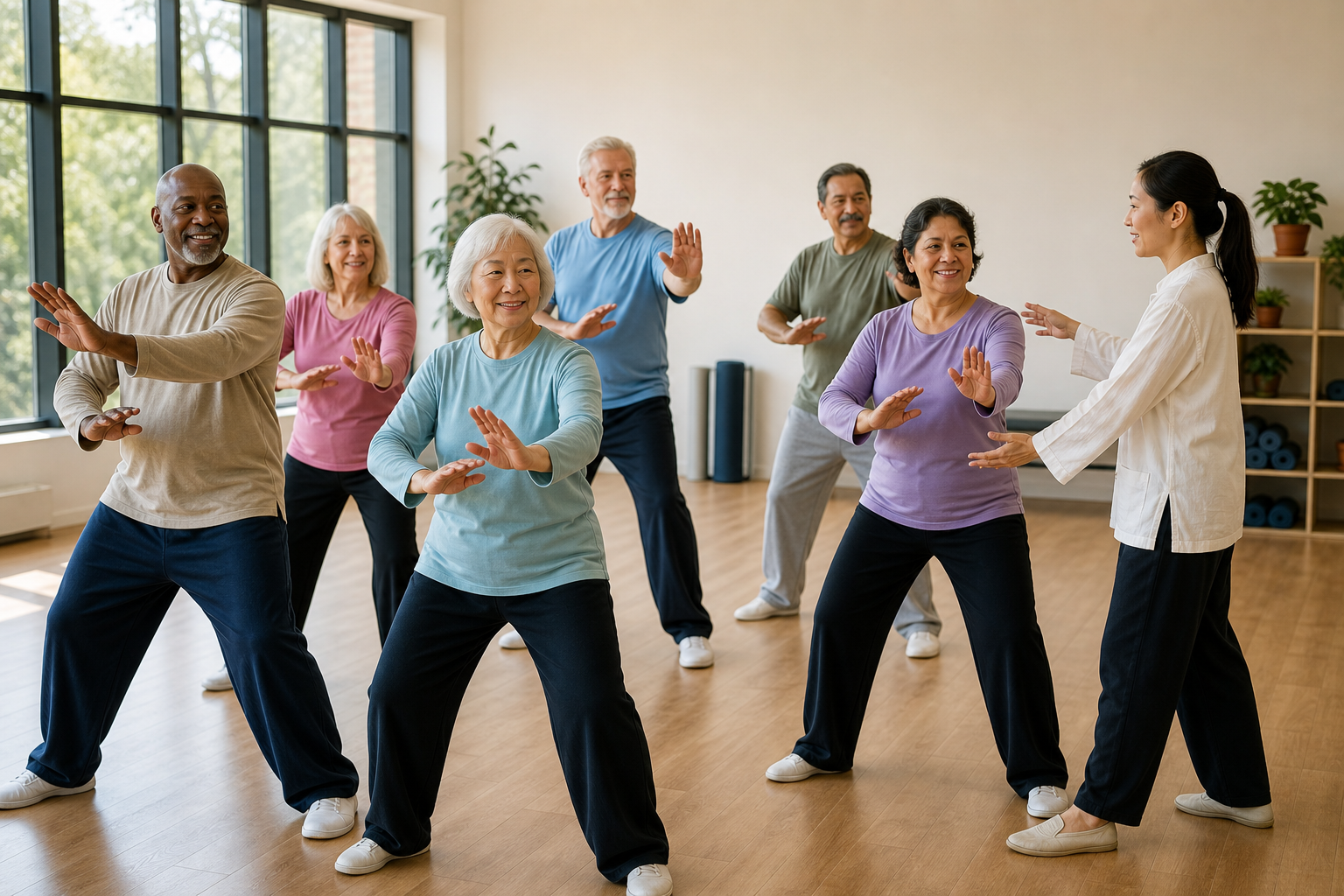 Happy group of older adults practicing tai chi with instructor for balance and arthritis relief