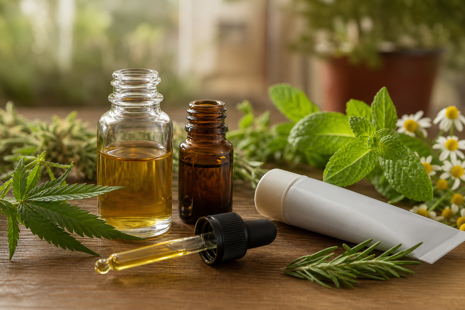 CBD oil bottles and topical gel for joint pain with natural herbs