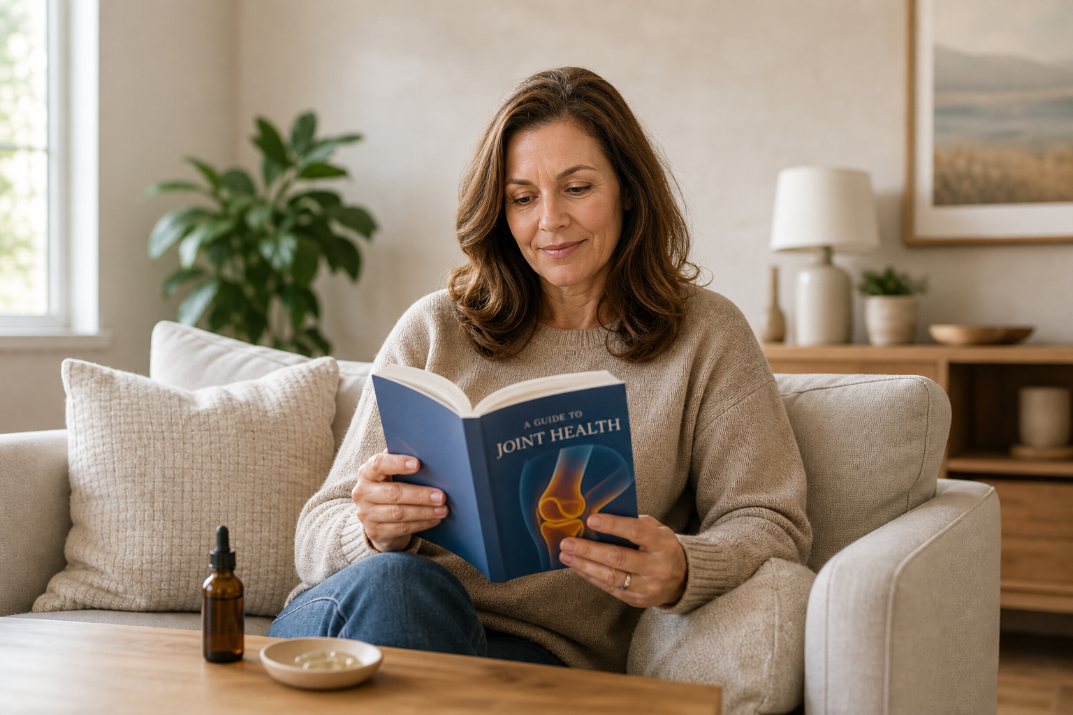 Woman reading about joint health with CBD oil and supplements on table