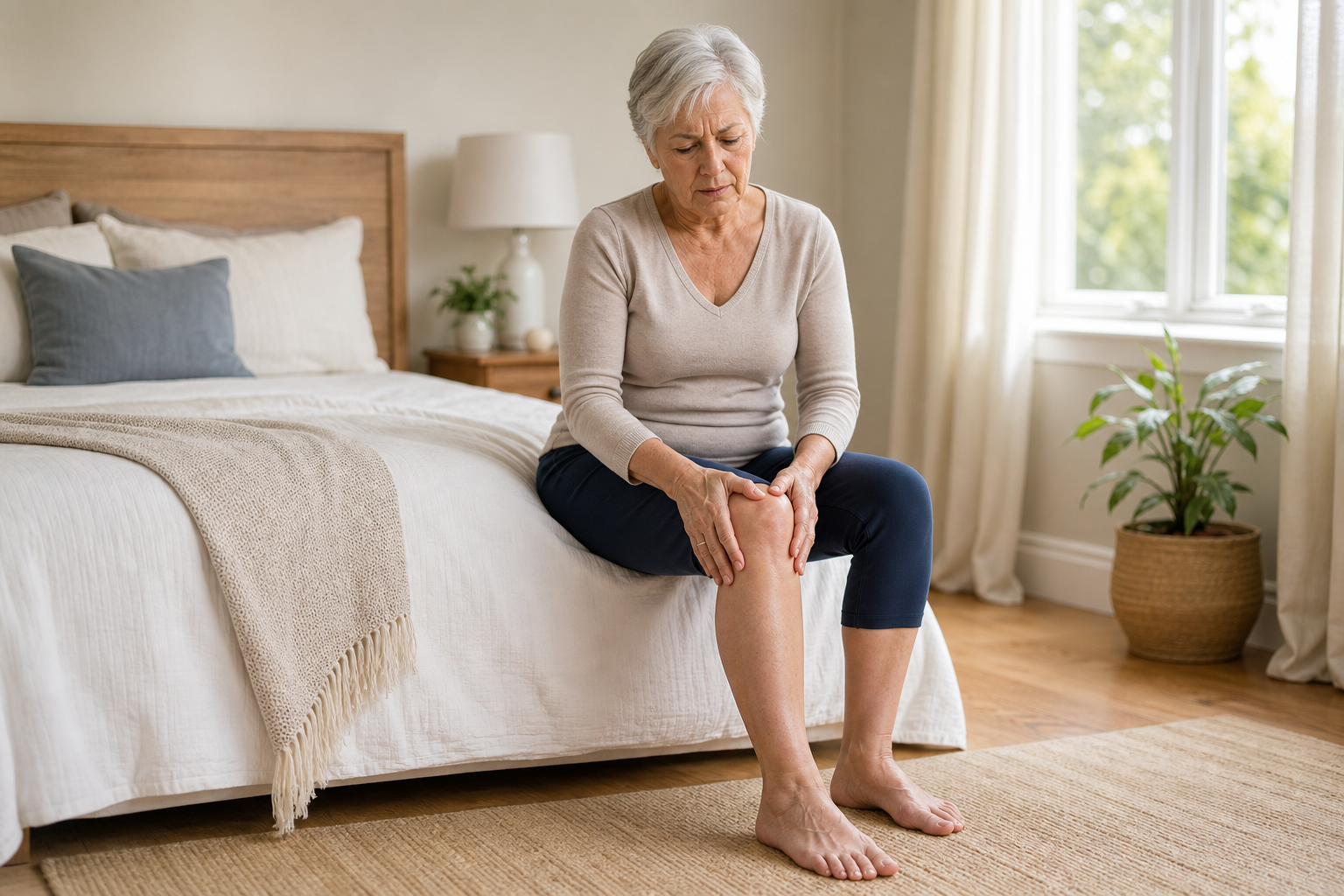 Older adult woman on bed holding swollen knee, appearing contemplative and in discomfort