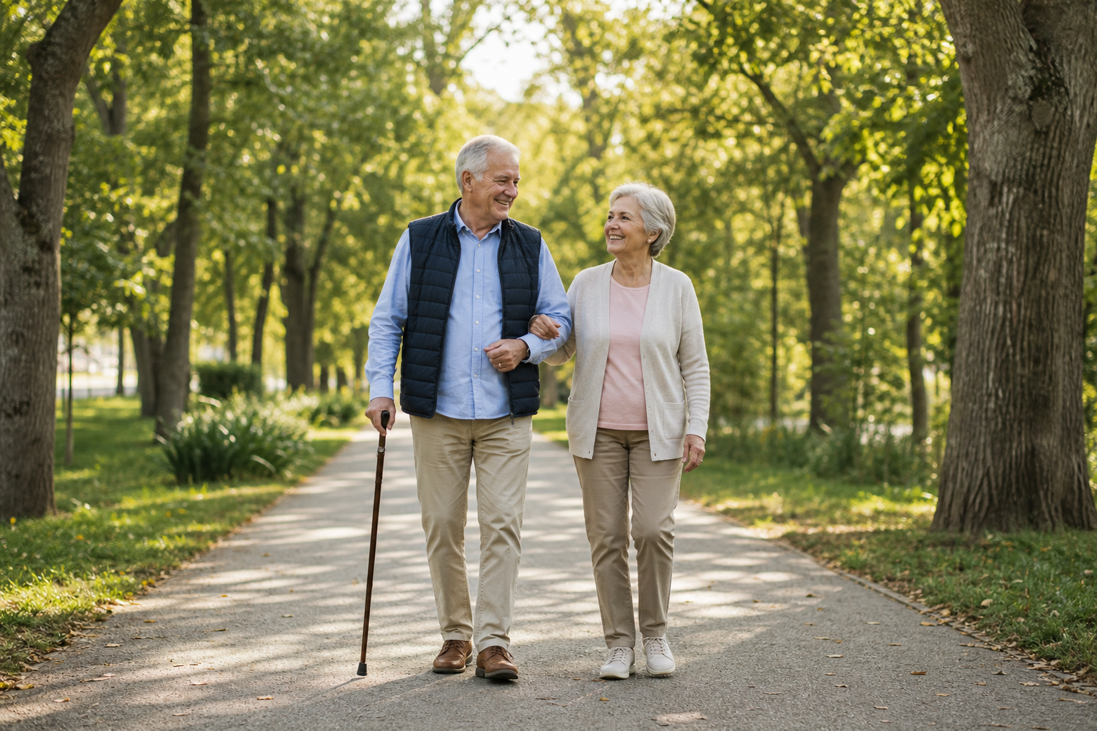 Older couple walking outdoors on path, smiling, man using cane after knee replacement