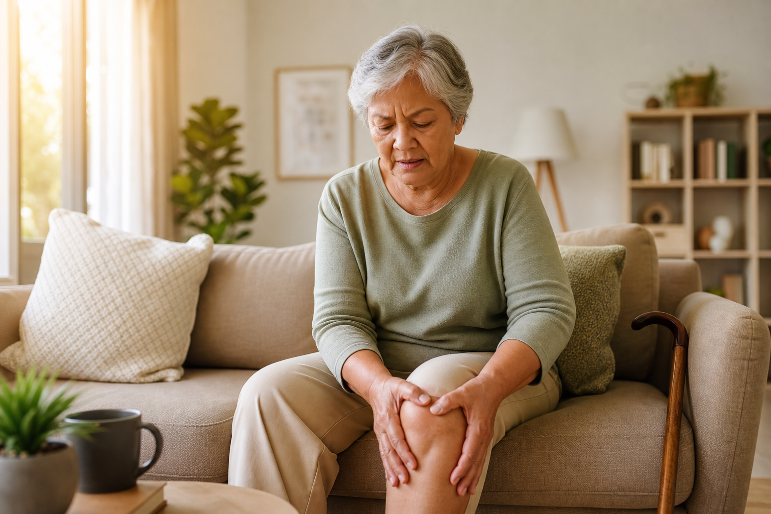 Older adult massaging swollen knee on living room couch