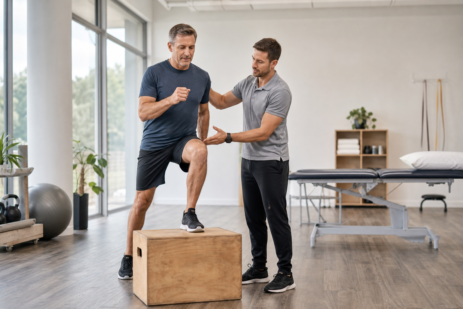 Middle-aged man doing step-ups with physical therapist in clinic