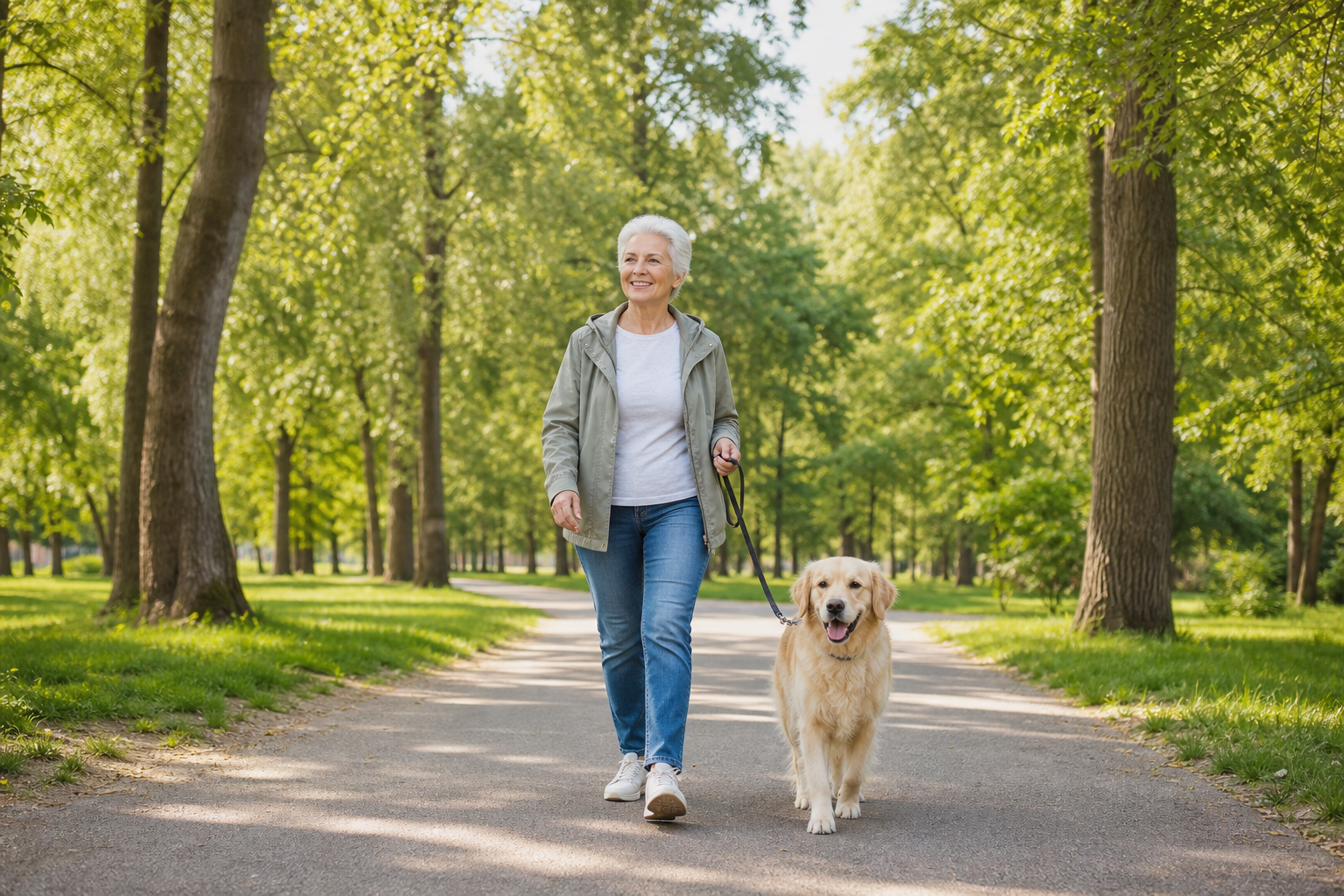 Senior woman walking dog in park after knee recovery