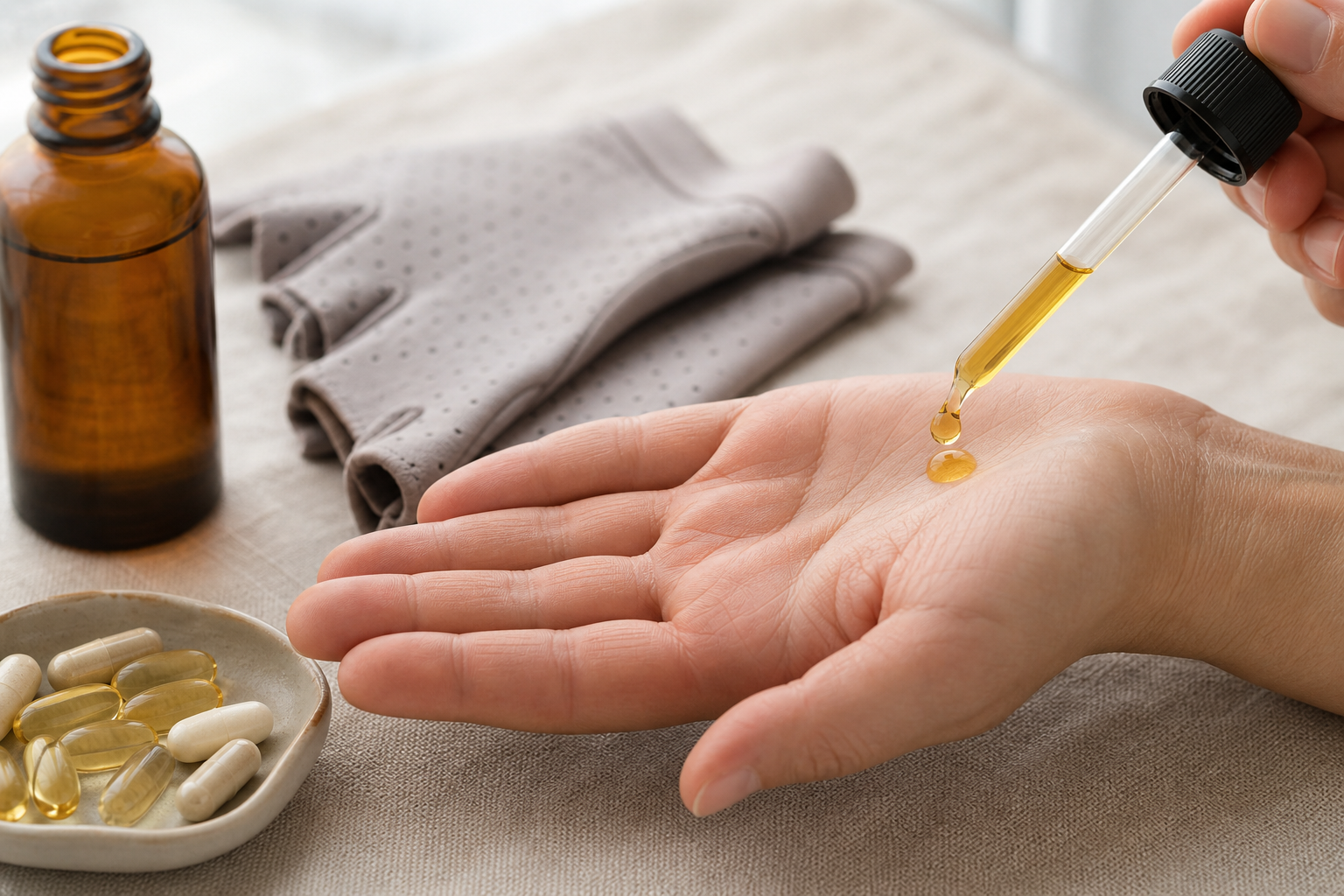 CBD oil drops falling onto a hand with joint care tools nearby
