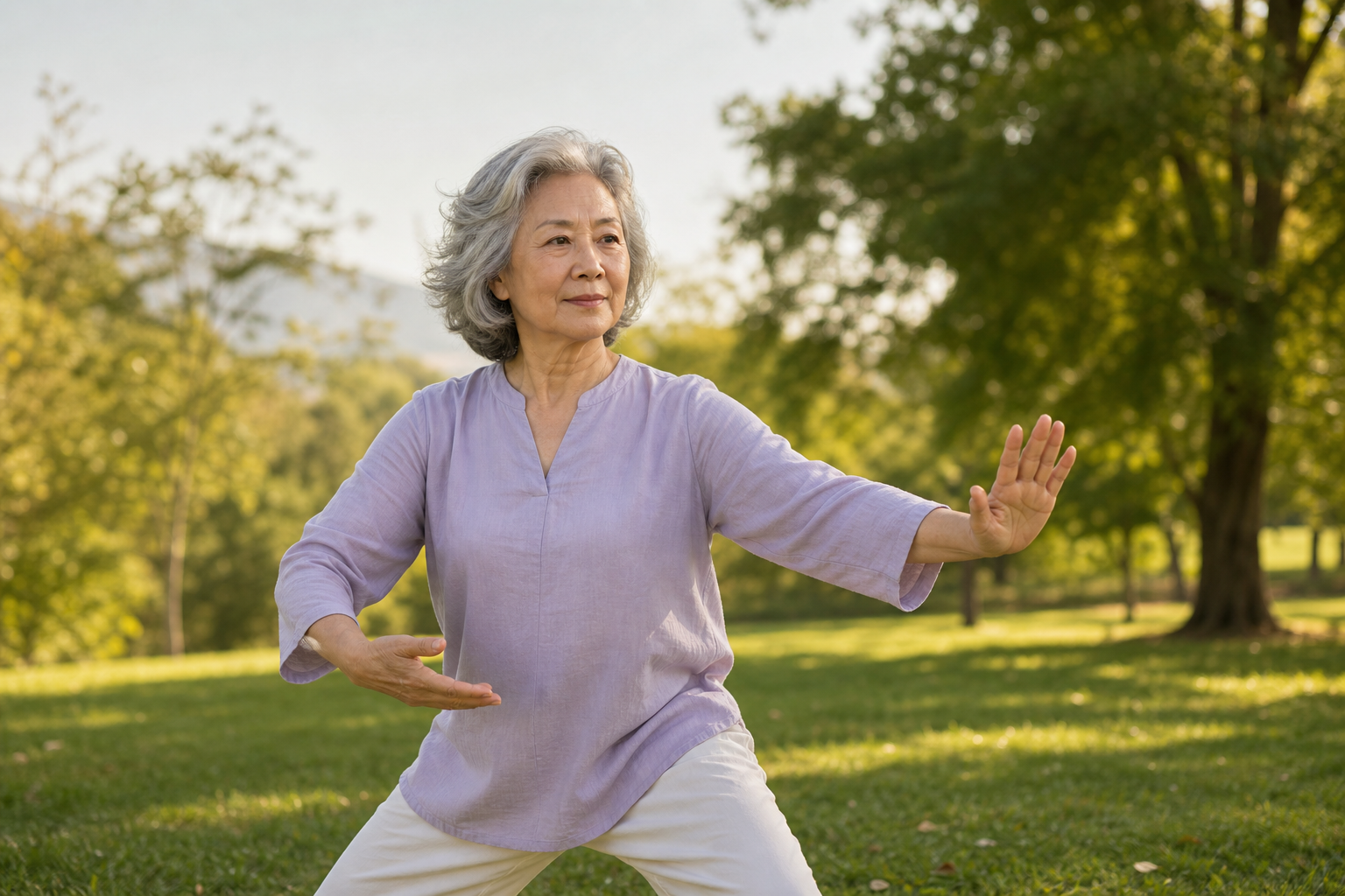 Hands and knees of an older woman gently moving during tai chi