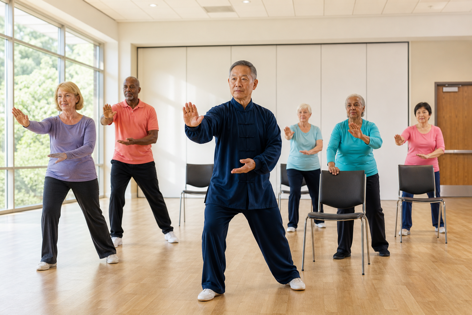 Tai chi class for seniors indoors with chairs for balance support