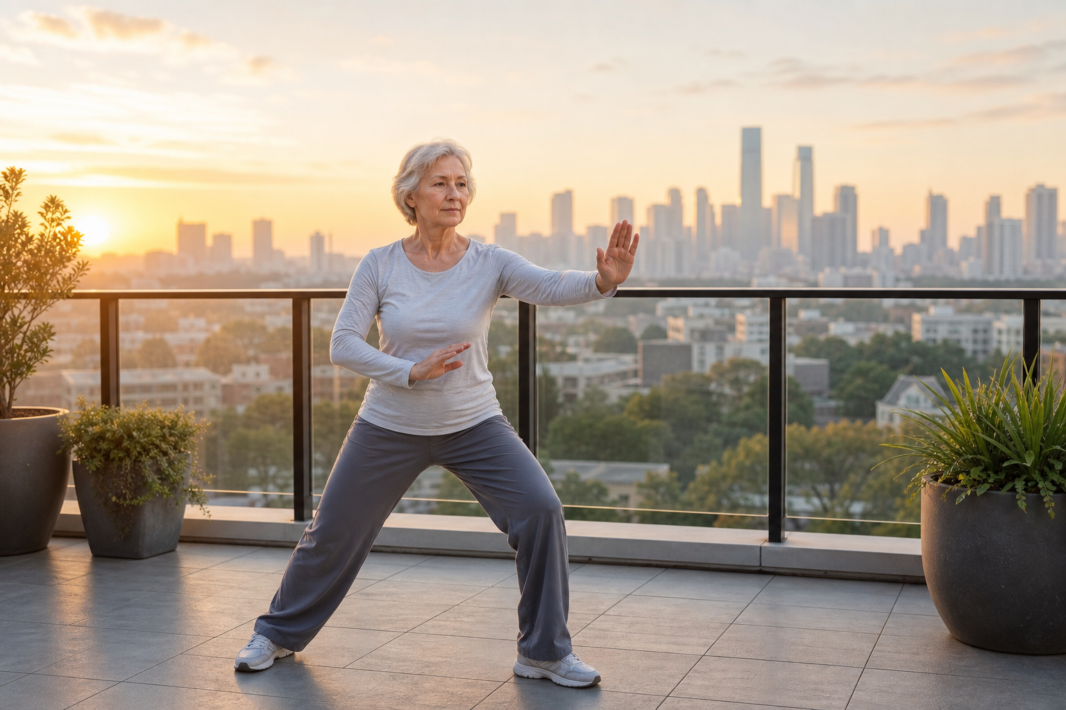 Senior woman practicing tai chi at sunrise for joint health and stability
