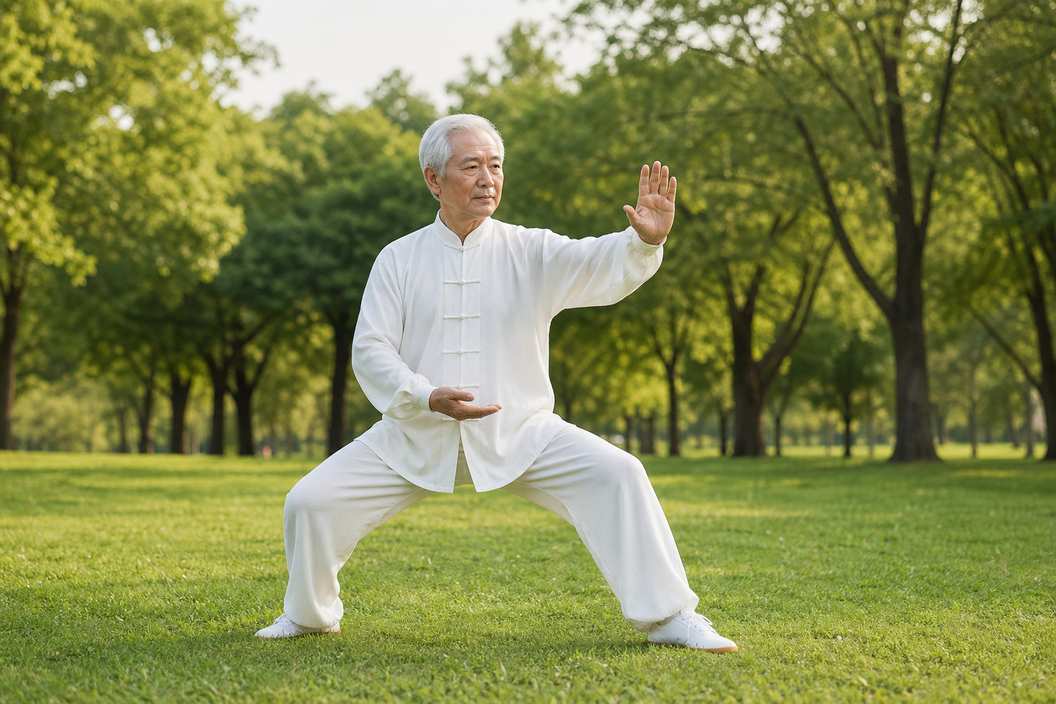 Senior man's hands and knees during tai chi pose for arthritis relief