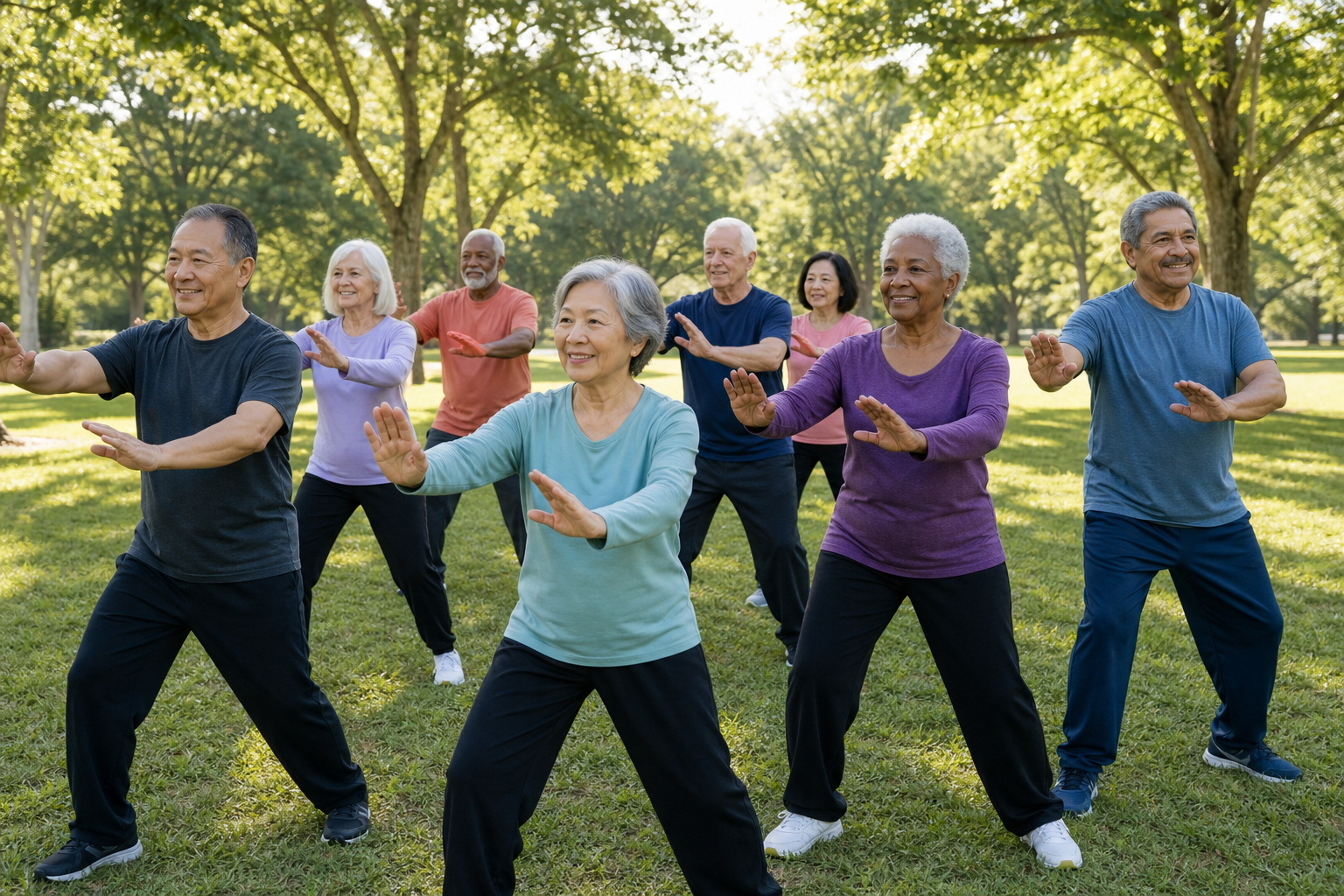 Older adults practicing tai chi outdoors, smiling and moving gently