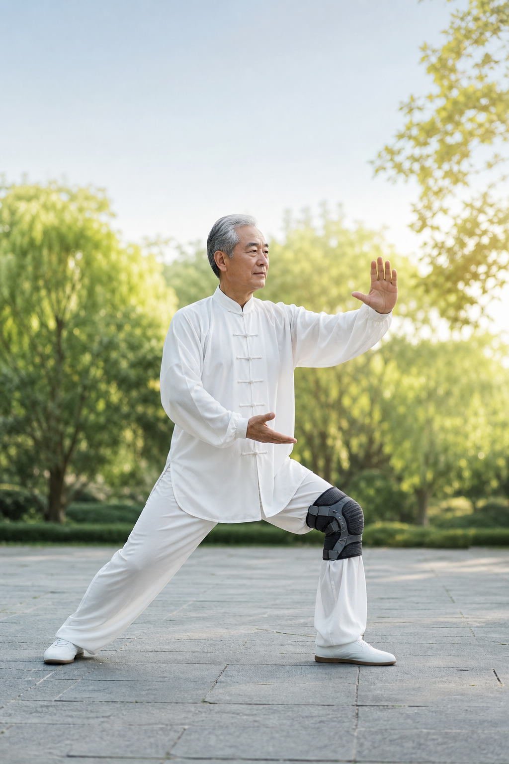 Close-up of tai chi movement with knee brace on elderly man's knee
