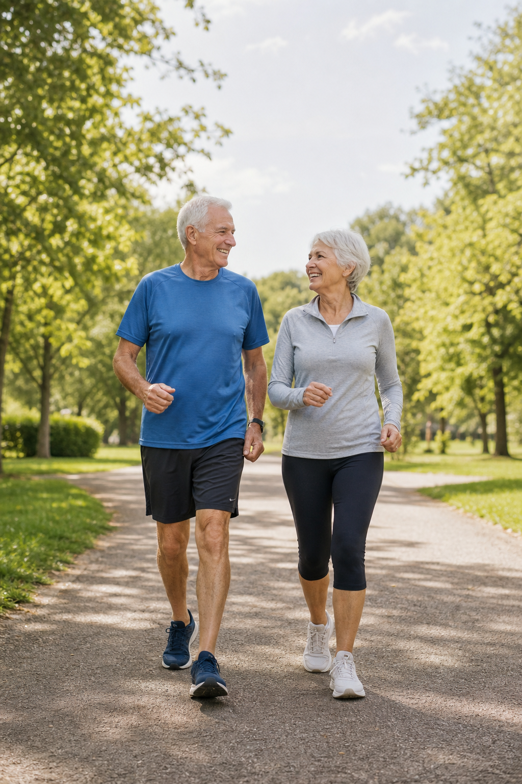 Older couple walking for joint health in park