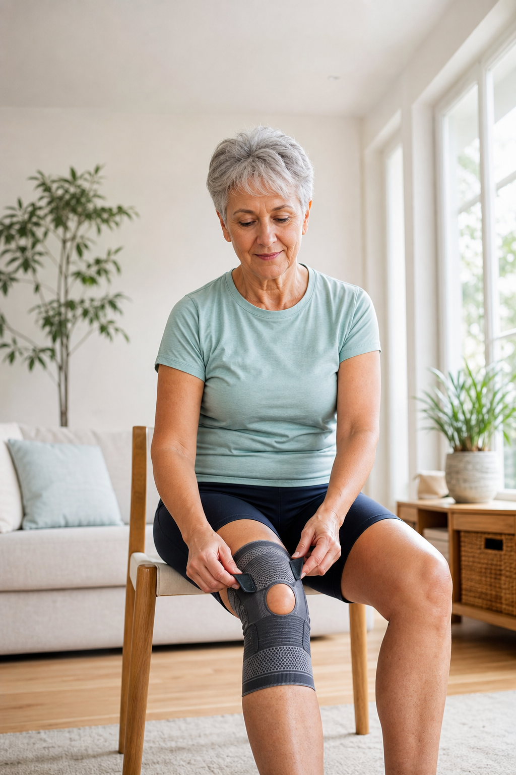 Hands fitting supportive knee brace on older knee